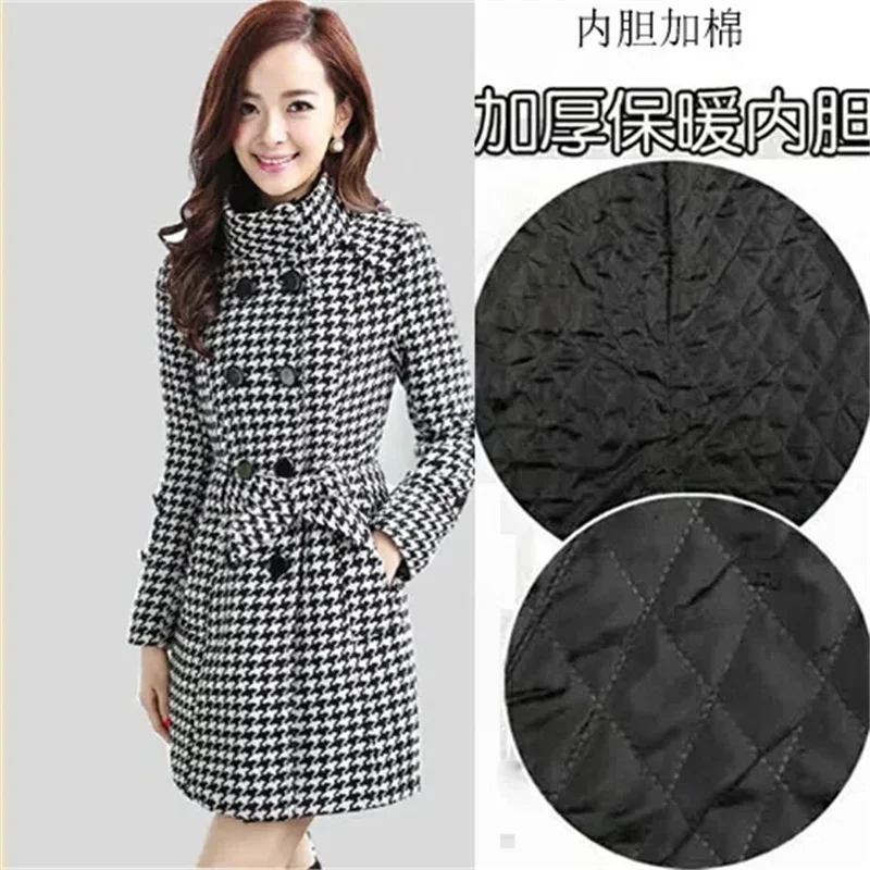Pop With Or Without Cotton Optional Thousand Bird Check Windbreaker Double Breasted Slimming Wool Coat Medium Long Women's Commu