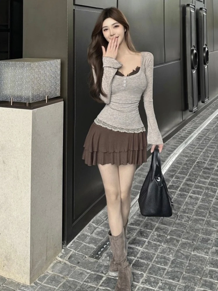Korean Sweet Spicy Girl Set Lace Splicing Long Sleeve Top Pleated Skirt Fine Pure Desire Two Piece Set Women's Fashion Ensemble