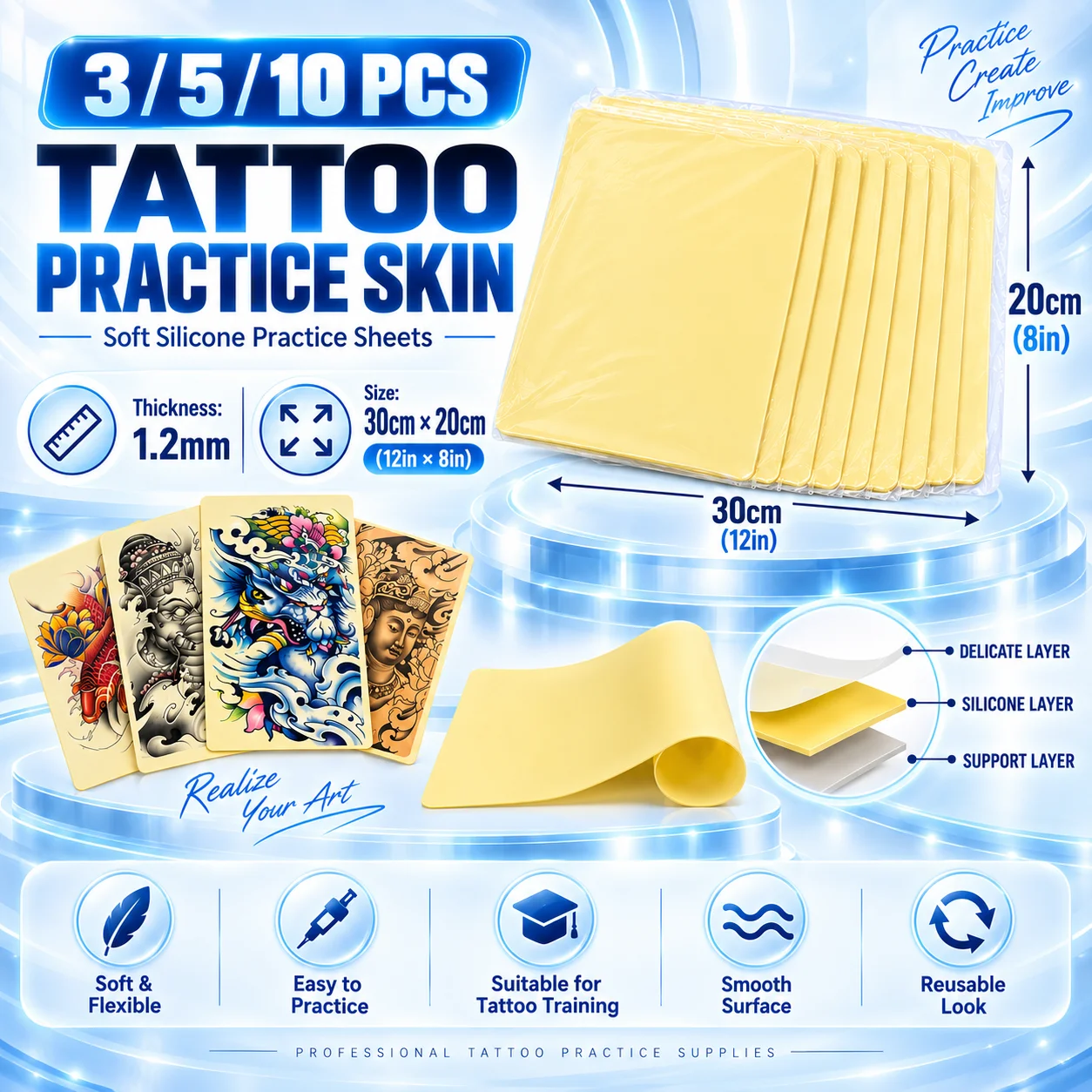 Audersigt 3/5/10/15PCS Tattoo Practice Skin 15x20cm 1mm Thick Silicone Fake Skin for Beginner Training