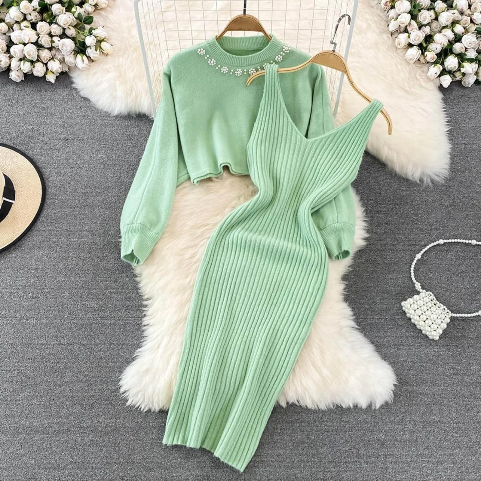 N plus Women Suitable Knitted Dress Two Piece Suit Pullover Top And Dress Bodycon 2 Slimming plus Swimsuits Women Party Skirt