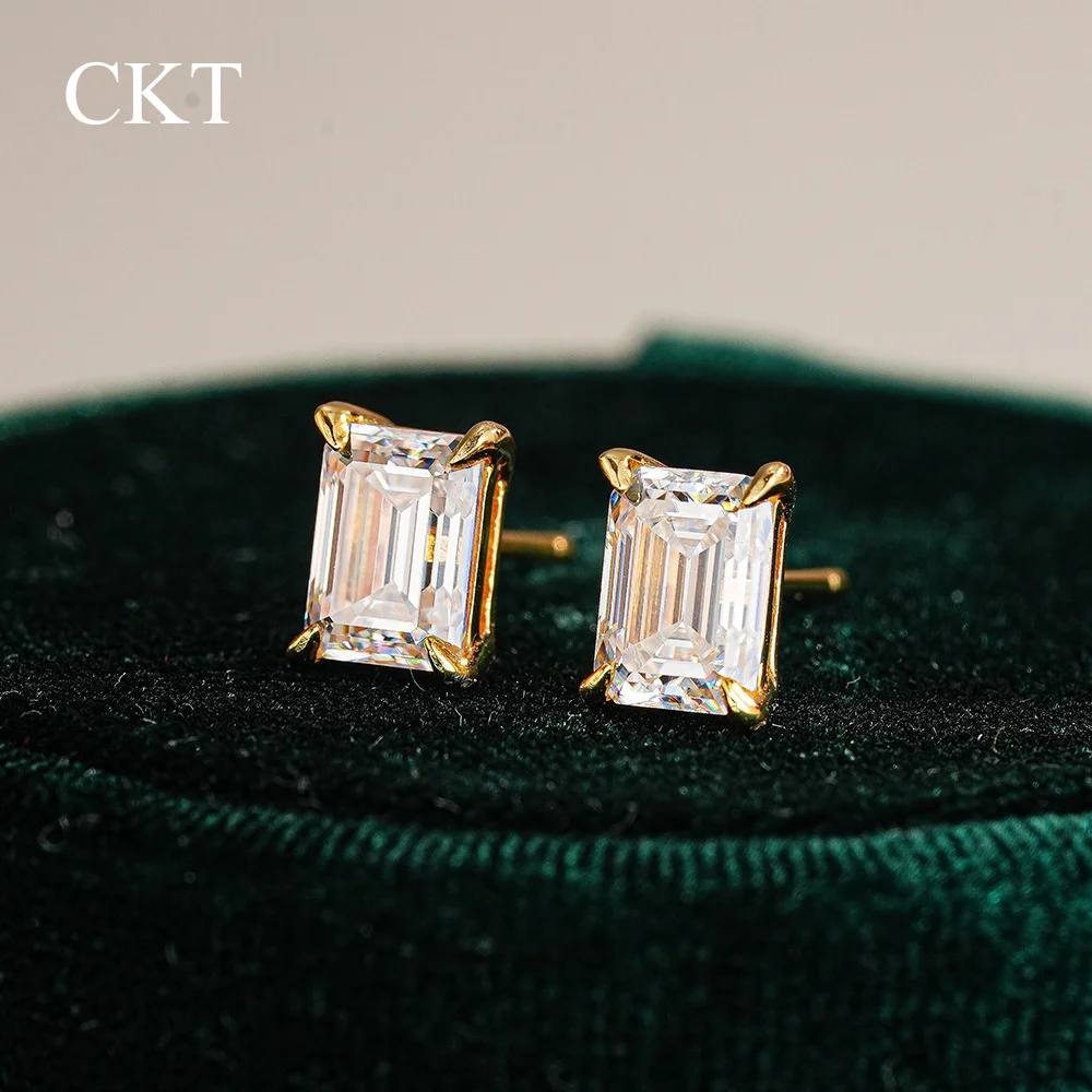 CKT 18k Gold Bohemian Bead Stud Earrings for Women 1ct Emerald Cut Diamond Unique Ethnic Moissanite Wedding Bands Fine Jewelry