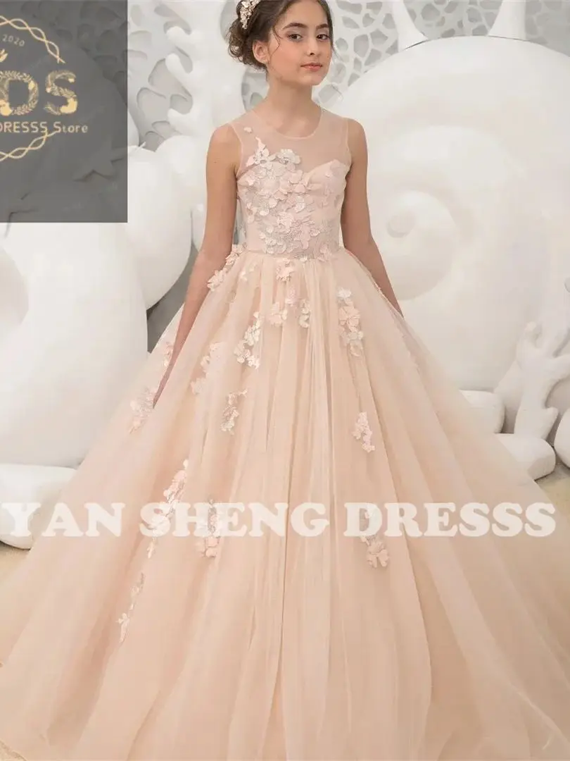 Flower Girl Dress For Wedding Tulle Puffy Sleeveless Applique Floor Length Elegant Kids Birthday Party First Communion Ball Gown