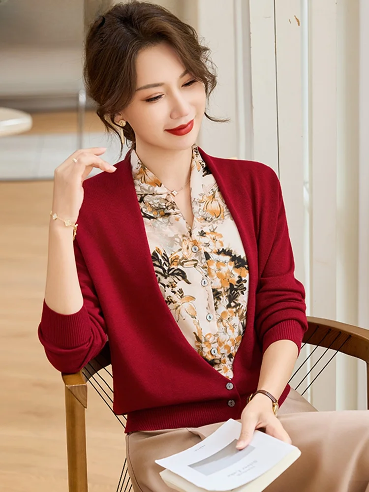 

Вязаный базовый топ Ele для женщин среднего возраста, осенний, модный, свободного кроя, с V-образным вырезом, из смесового полиэстера, в корейском стиле