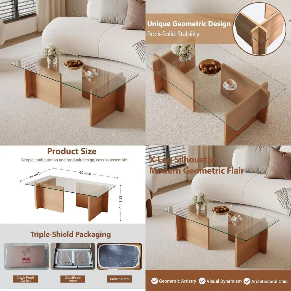 

Художественный прямоугольный журнальный столик из закаленного стекла с геометрическим деревянным основанием, минималистичный дизайн