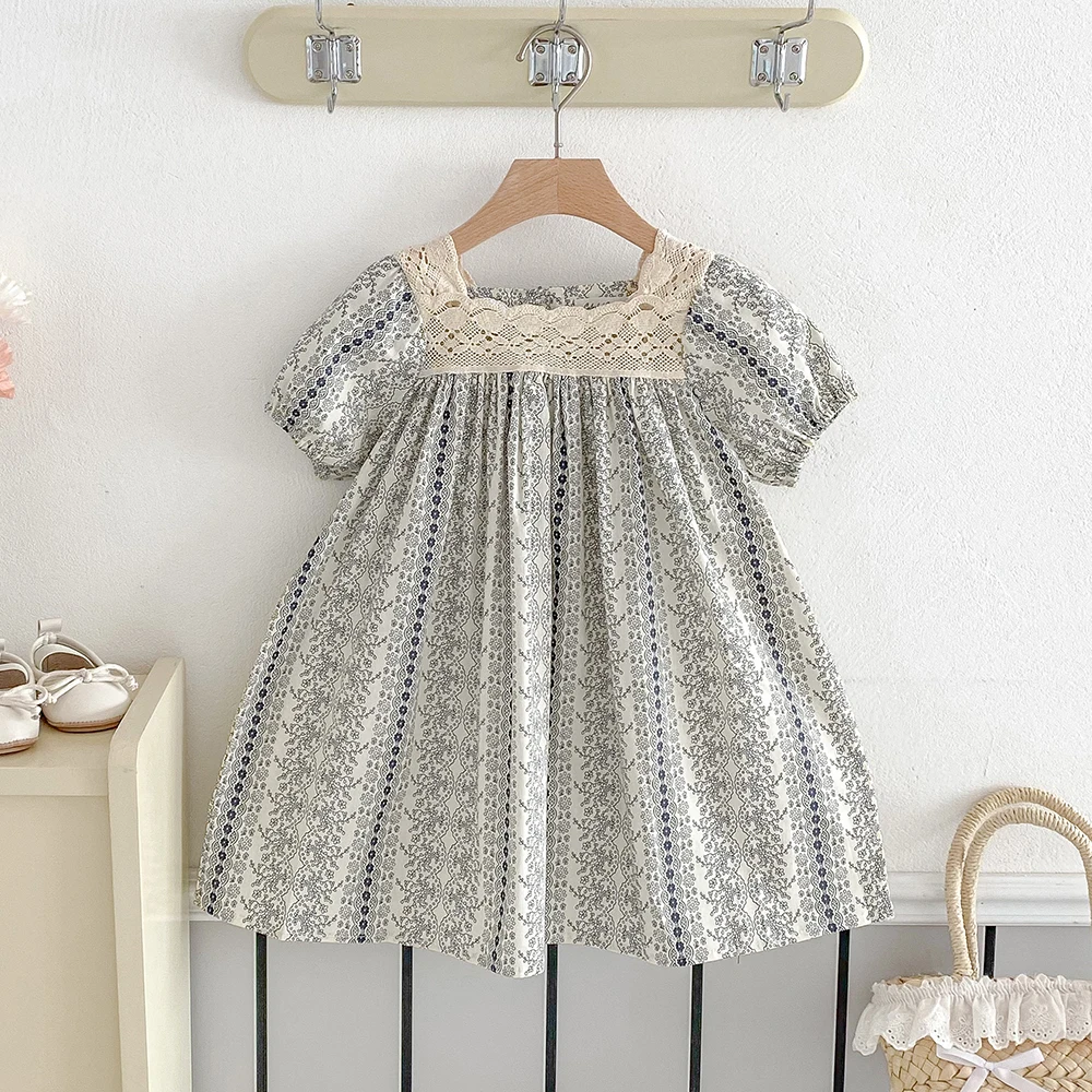 Vintage Mädchen Floral Spitze Kleid Prinzessin Vestido Kurzarm Sommer Kleid Casual Kostüme Kinder Kleidung Kinder Kleidung