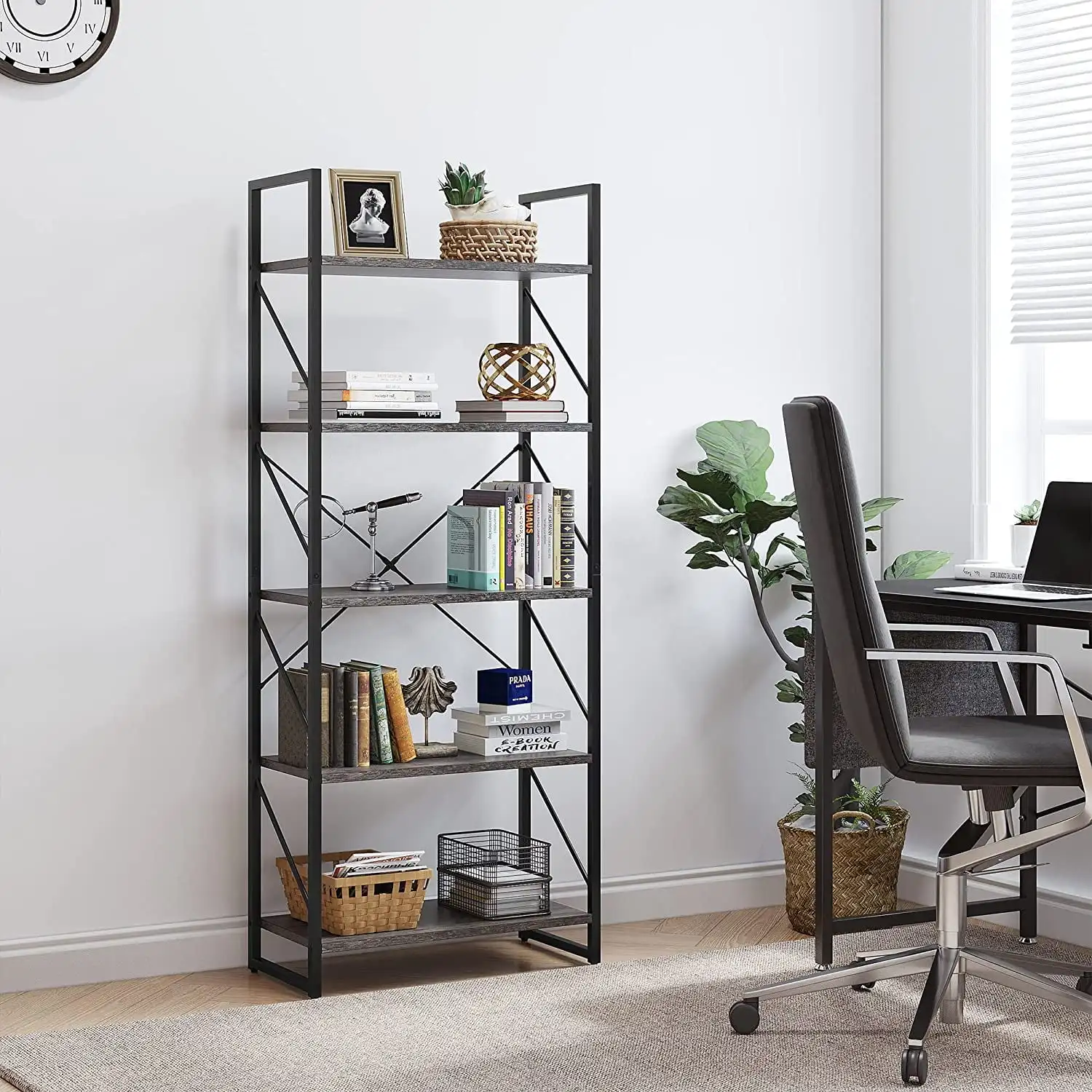 5-Tier Bookcase Storage Shelves,65 in Ladder Bookshelf,Industrial Furniture for Bedroom Living Room Office,Charcoal Gray &Black