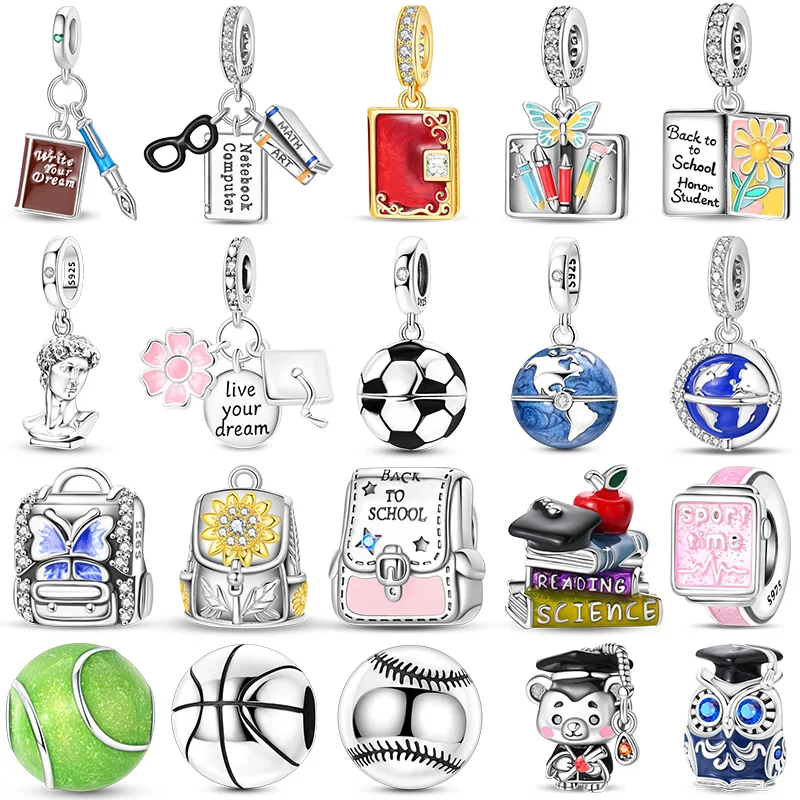 925 Sterling Silver Campus Diary Backpack Books Football Tennis Charms Beads For Women Fit Original Bracelet DIY Jewelry Gifts