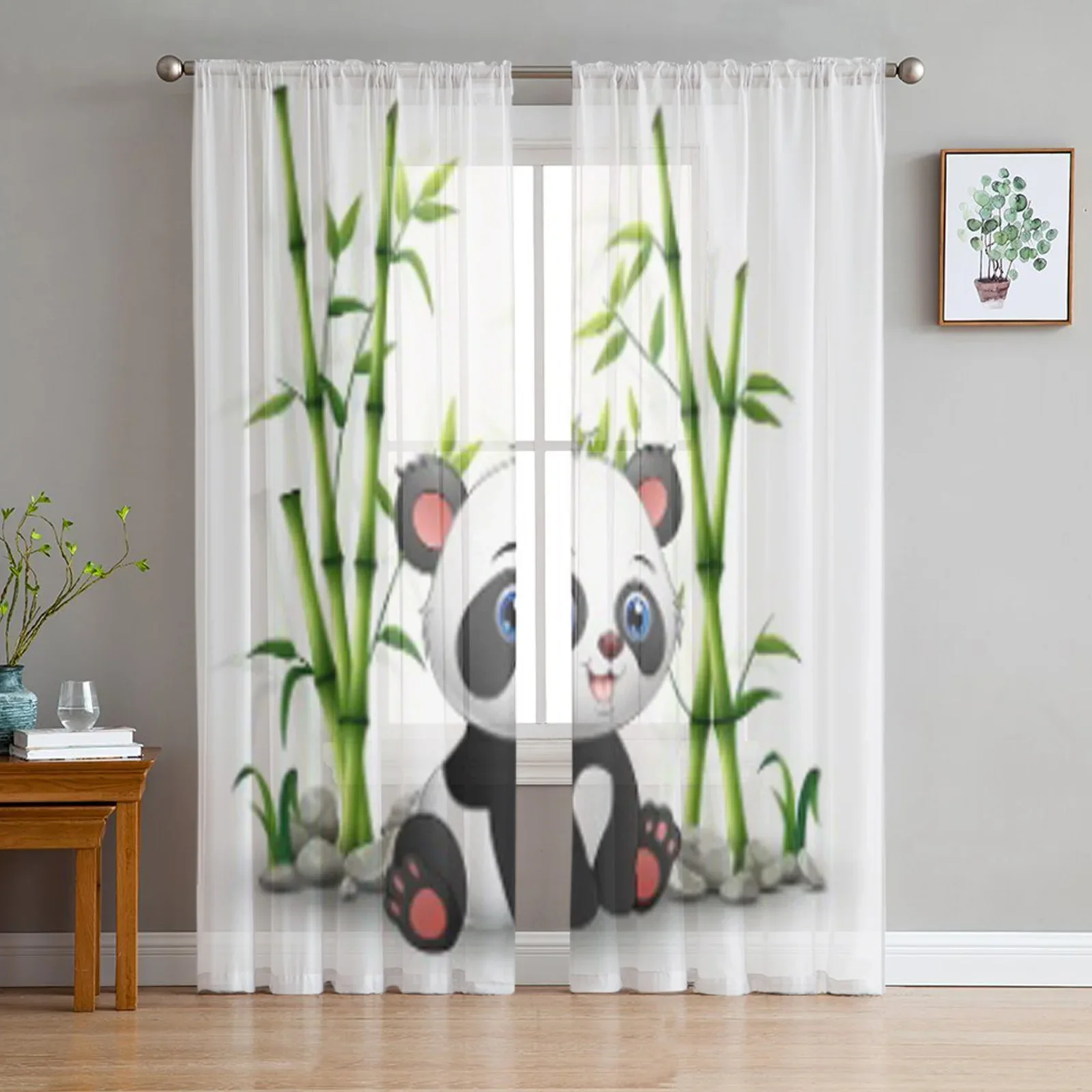 Baby Panda Sitting Among Bamboo Stem Tulle Sheer Curtains for Living Room Bedroom Kitchen Decoration Voile Organza Curtains