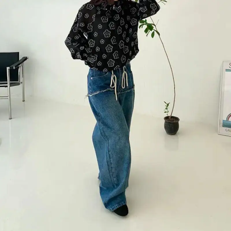 

Comfortable High Waist Wide Leg Jeans Drawstring Slim Fit Distressed Denim Pants Vintage Blue Casual Trousers for Women