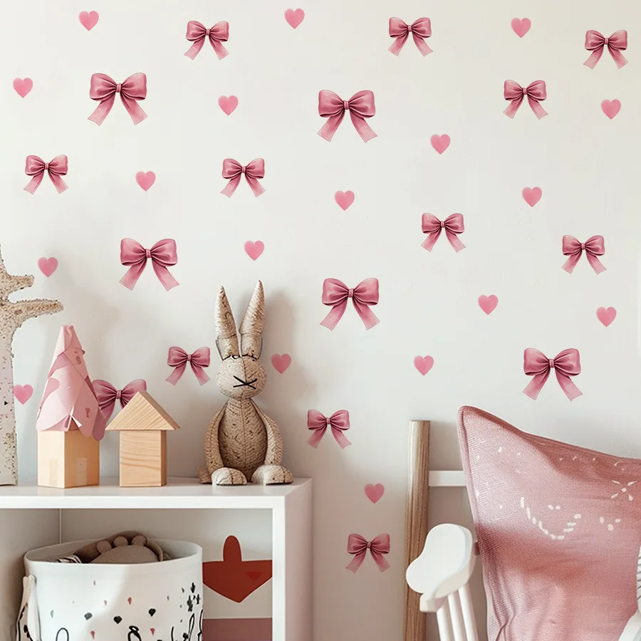 Rosa Schleife & Herz Wandtattoos, Abnehmbare Selbstklebende Wandaufkleber, Niedliche Schleifendekoration für Mädchenzimmer Kinderzimmer – Detail 3
