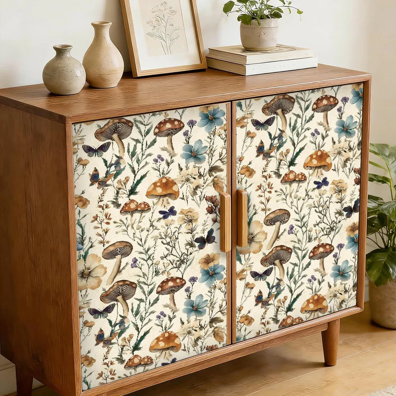 Vintage Cottagecore Mushroom Wildflower Peel and Stick Wallpaper Removable Butterfly Contact Paper for Bedroom Kitchen Cabinets