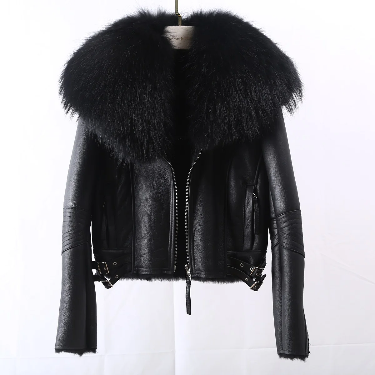 OFURTEBUY Winter Warm Big Fur Collar Oversized Shearling Coat With Lamb Fur Lining Women Genuine Leather Jacket Ladies