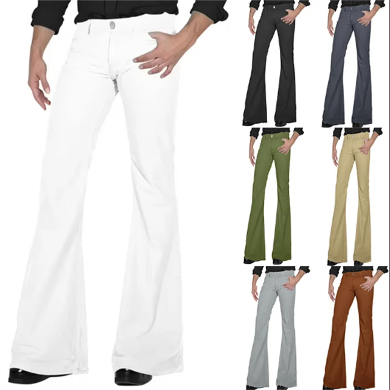 Herren Vintage Disco Schlaghose Einfarbige Stretch Slim Fit Hose Hippie Streetwear Lässige Weite Schlaghose für Männer