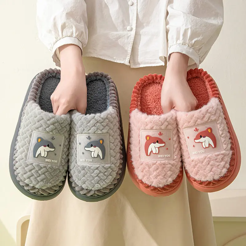 Unisex Cartoon Dolphin Faux Fur Mule Slippers Winter Warm Fluffy Plush Thick Sole Non Slip Cozy Indoor Bedroom House Footwear