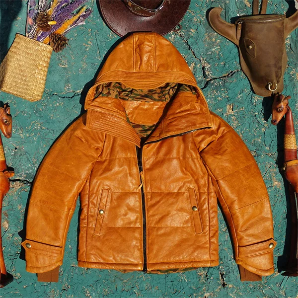 

Worn-In Leather Men's down Jaet Hooded Long Sve Zipper Closure Hoof Sve Vintage Sle Warm Coat by Curphey