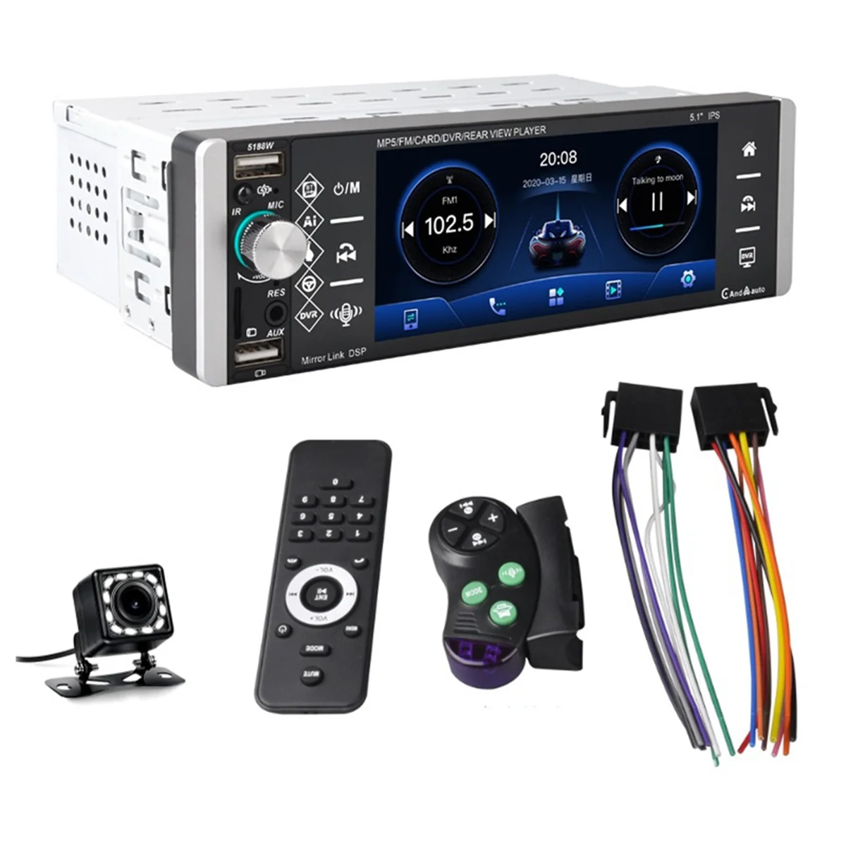 JAS-Single Din Touchscreen Car Stereo Wireless CarPlay Android Auto, 5.1 Inch Car Radio Bluetooth FM SWC USB Backup Camera