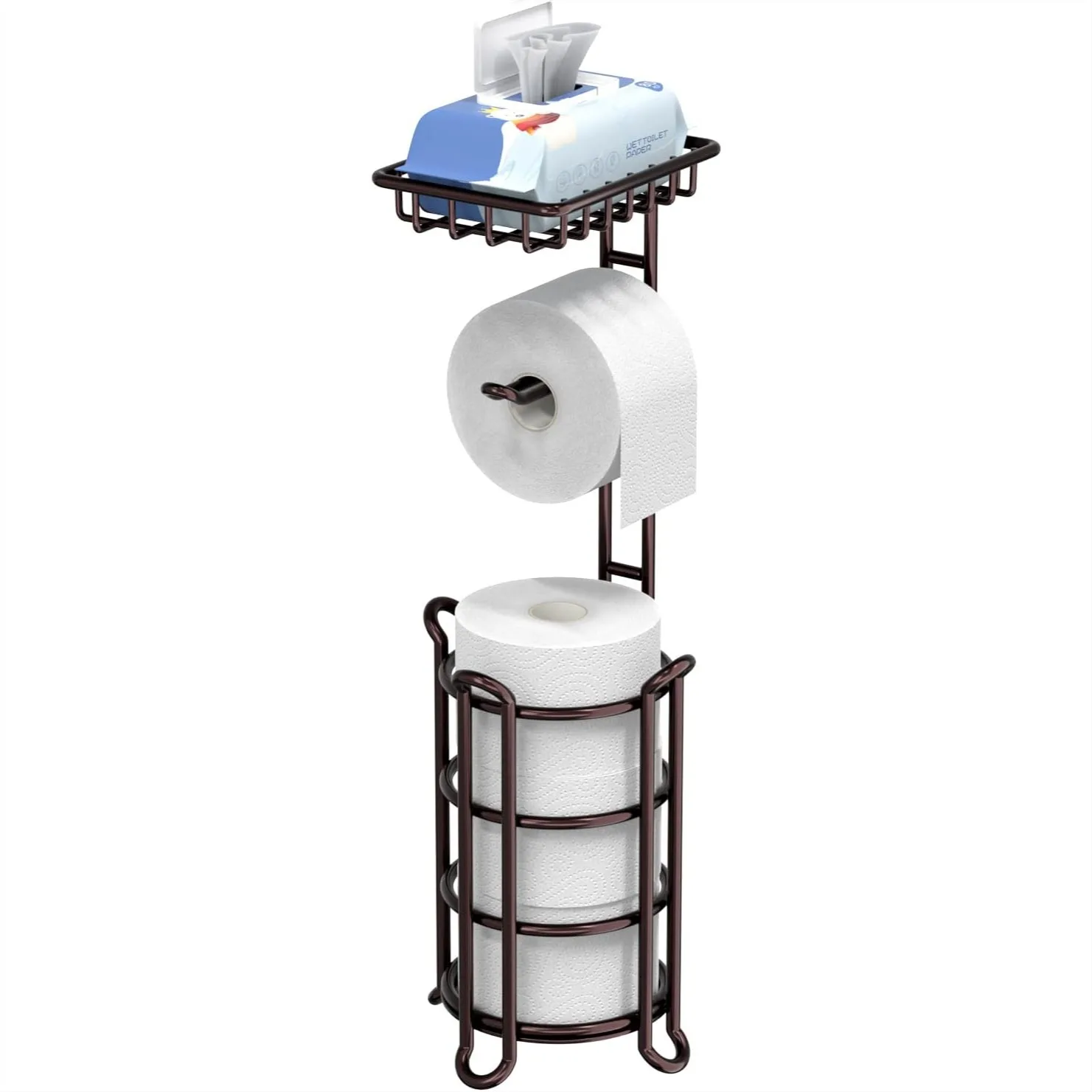 

Toilet Paper Holder Stand with Shelf, Freestanding Tissue Roll Dispenser for Bathroom Storage, Holds 4 Mega Rolls, Bronze