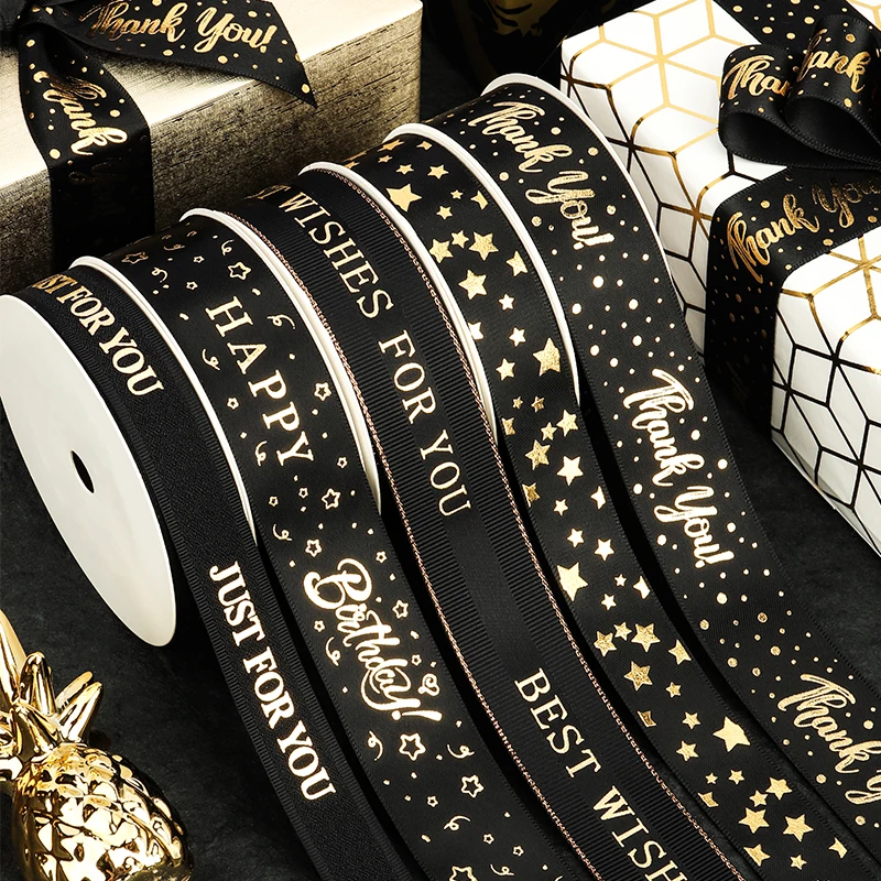 10Yards Black Gold Collection Happy Birthday Ribbon Valentine\'s Day Wedding Event Party Christmas Decoration Baking Bouquet Bow