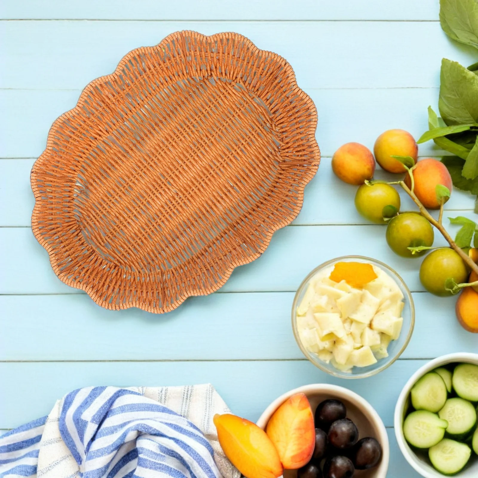 

Oval Imitation Rattan Woven Snack Bread Fruit Basket Tray Lightweight Kitchen Dining Table Storage Organizer