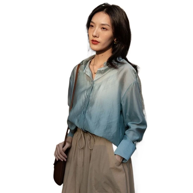 

New Spring Summer Rayon Turn-down Collar Office Lady Temperament Loose Casual Lightweight Sunscreen Shirts Basics Blouses Coats