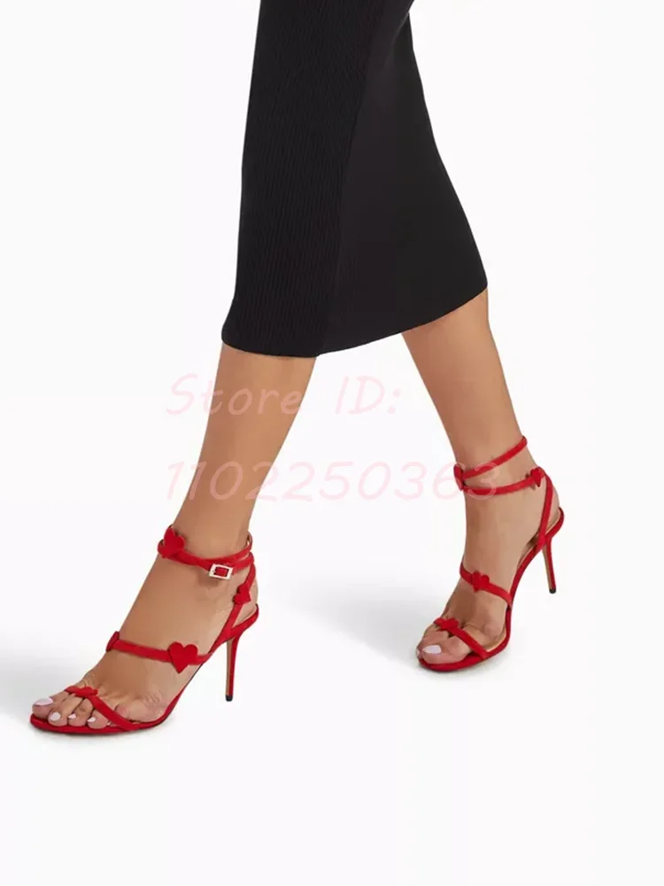 

Suede Double Heart Thin High Heeled Sandals Solid Round Toe Back Buckle Ankle Strap Stilettos 2024 Elegant Women Dress Shoes
