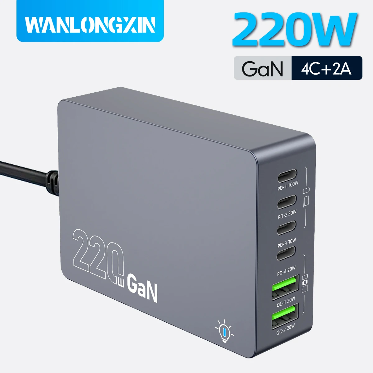Блок зарядного устройства USB C, 220 Вт, 6-портовая зарядная станция GaN USB C PD 100 Вт, адаптер быстрого зарядного устройства для ноутбука, совместимый с iPhone 16 F8A Блок зарядного устройства USB C, 220 Вт, 6-портовая зарядная станция GaN USB C PD 100 Вт, адаптер быстрого зарядного устройства для ноутбука, совместимый с iPhone 16 F8A