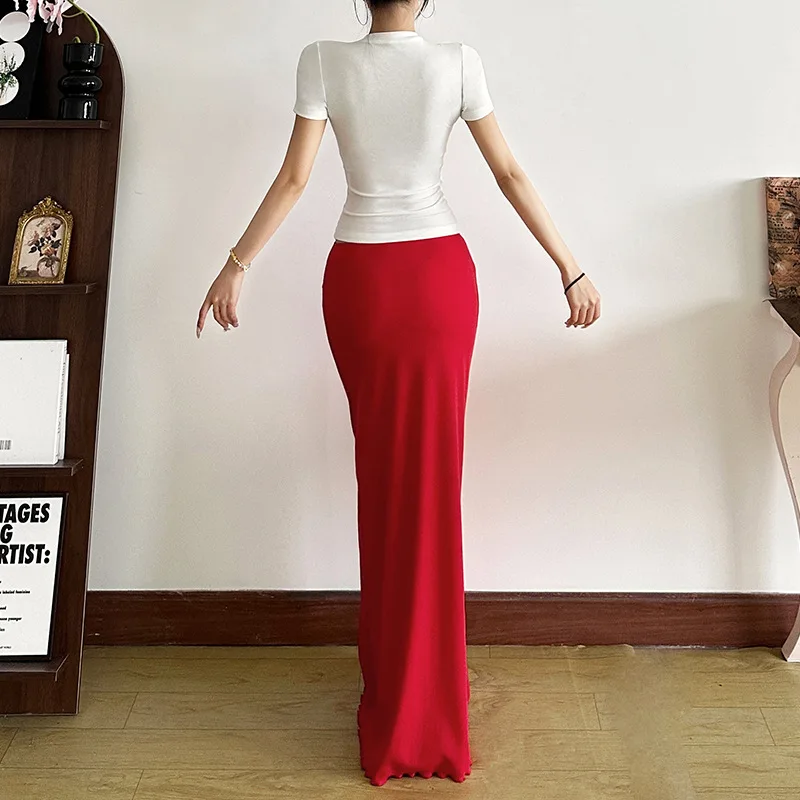 2025  Style Summer New Women's Clothing Solid Color Slim-fitting Round Neck Short-sleeved Fashion High-waisted Skirt Set