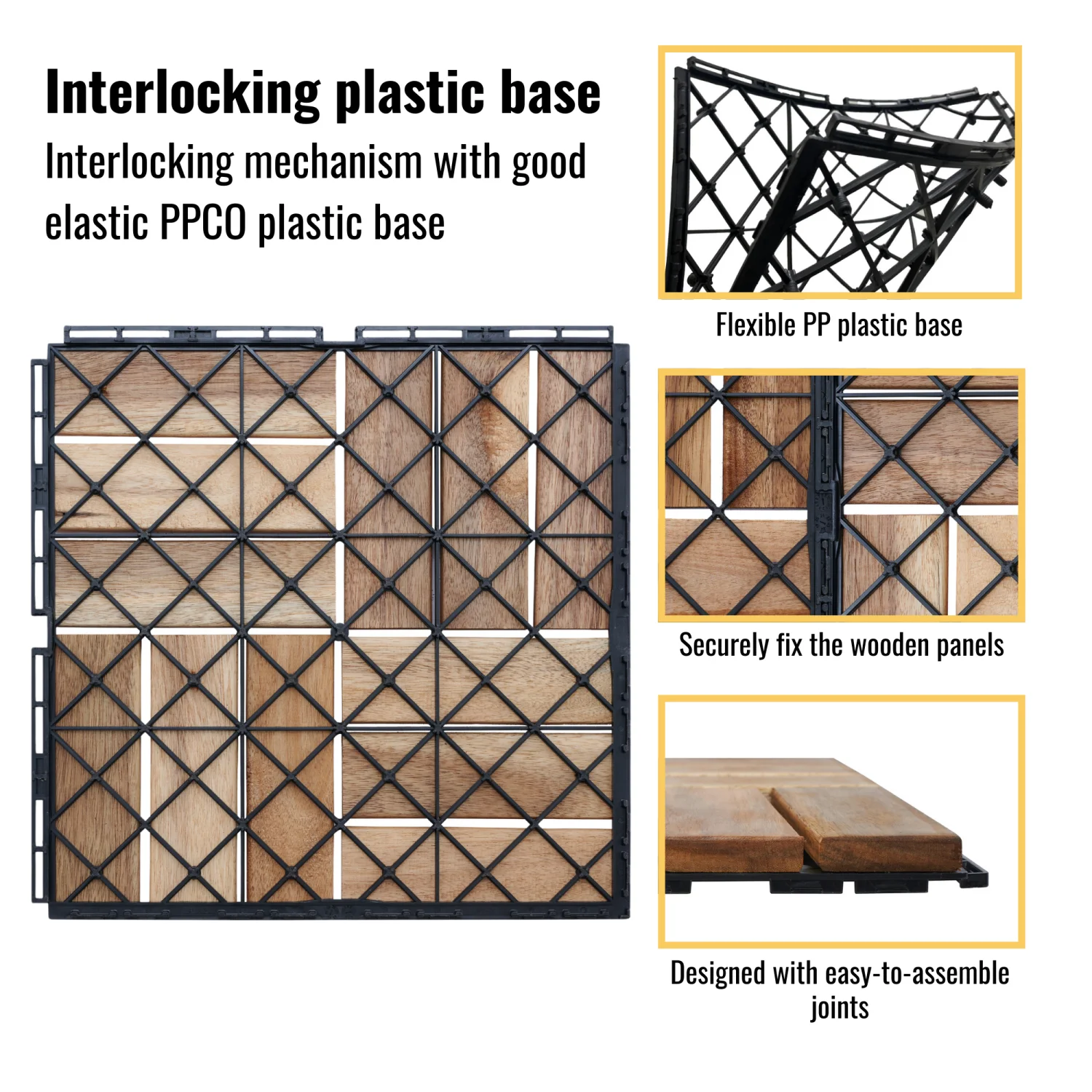 Solid Wood Deck Tiles Striped Waterproof All-Weather Drainable Tiles for Garden/Garage/Entryway DIY Quick-Install