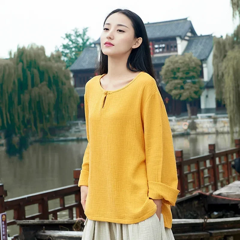 Spring Cotton Linen Women Original Retro Beautiful Long Sleeve T-shirt Girls Vintage Tee Shirt Yellow Ethnic T Shirt Female Tops