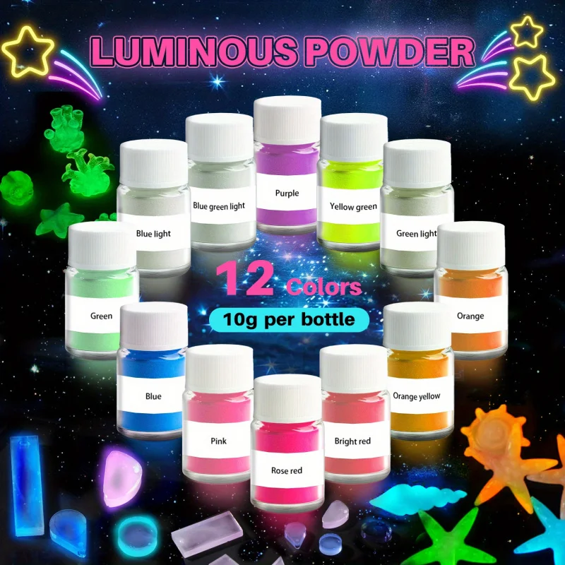 Juego de 12A de colores que brillan en el polvo oscuro, pigmento en polvo de Mica luminosa de tinte de resina epoxi, arte de resina epoxi UV aplicable, DI