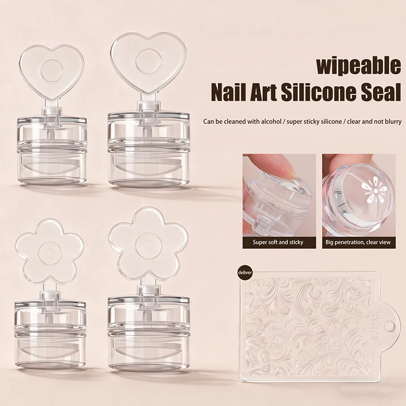 [E] Transparent Nail Stamper With Scraper Heart Flowers Shaped Jelly Silicone Head Stamp For French Nails Printing