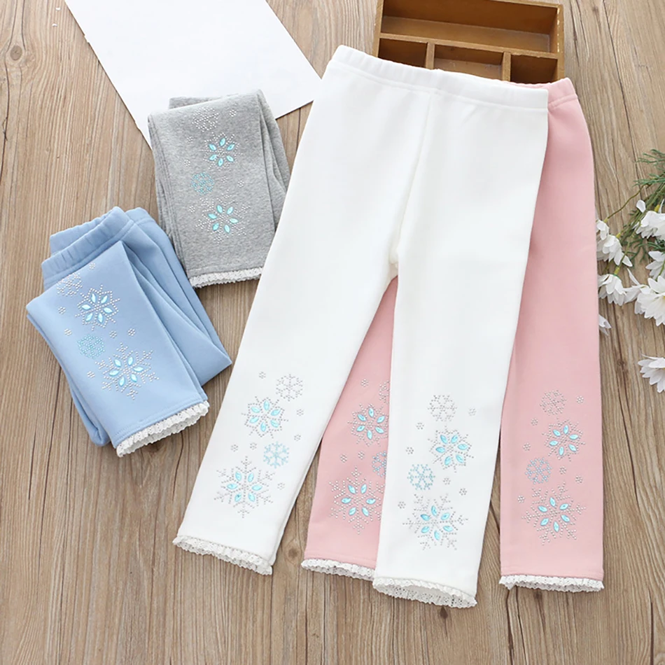 Stylish and Comfortable Spring and Autumn Girls Pants Adorned Snowflake and Rhinestone Embellishments Kids Leggings