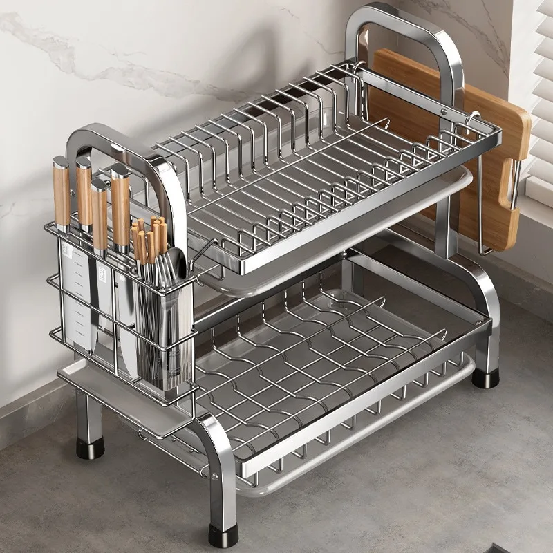 Large Rust-Proof Dish Drying Rack with Drainboard & Utensil Holder, Compact Kitchen Sink Organizer
