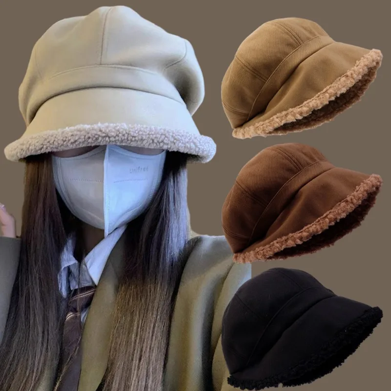 

Winter Imitation Lamb Hair Hat Women Retro Solid Color Woolen Thicken Plush Lining Korean Fashion Duck Tongue Octagon Cap