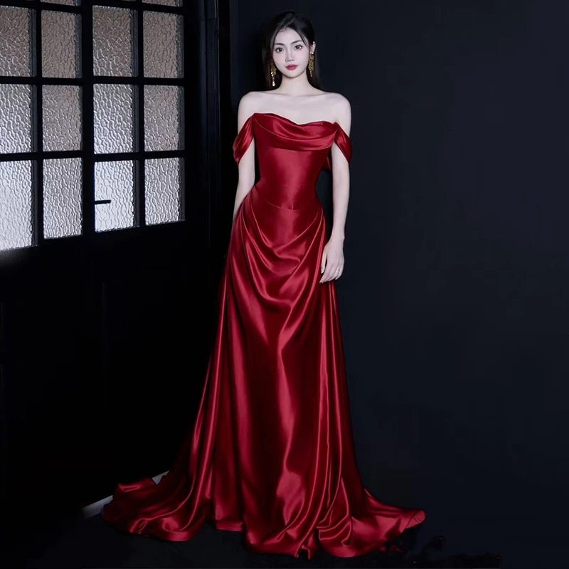 

One Shoulder Wine Red Evening Gowns Light Luxury Women's Party Dresses Summer Simple Slim Fit A-Line Banquet Dress
