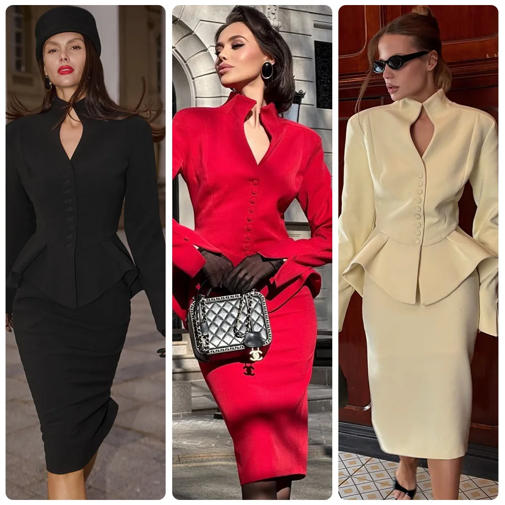Wind-collar, Ruffled-hem Suit Set For Women, Featuring A Fitted, Body-hugging Midi Skirt A Stiglich Two-piece Outfit Sexy Maxi
