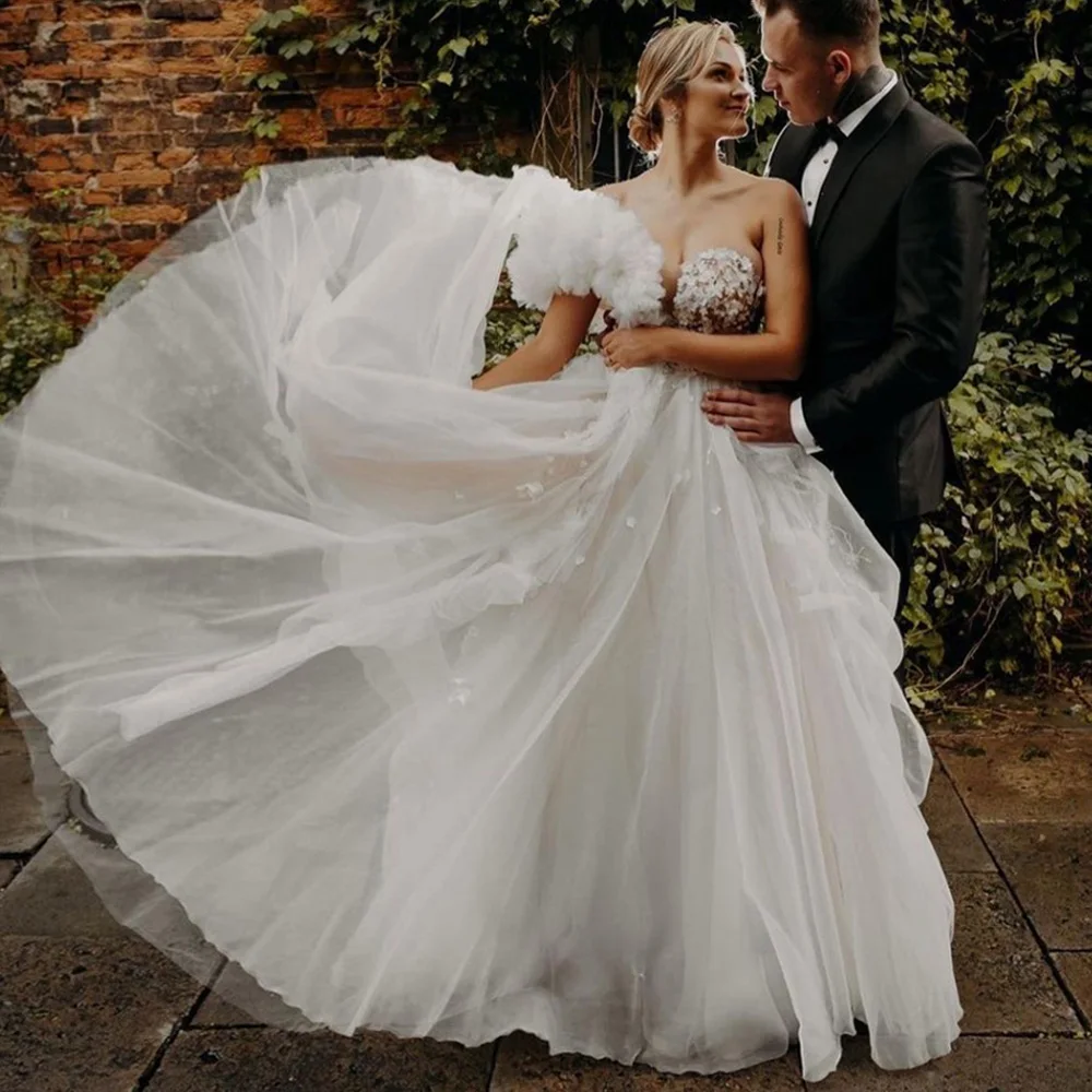 One Shoulder Applique Floral Dress A-line White Wedding Dresses For Women 2023 Bride Floor Length Evening Dress With Train