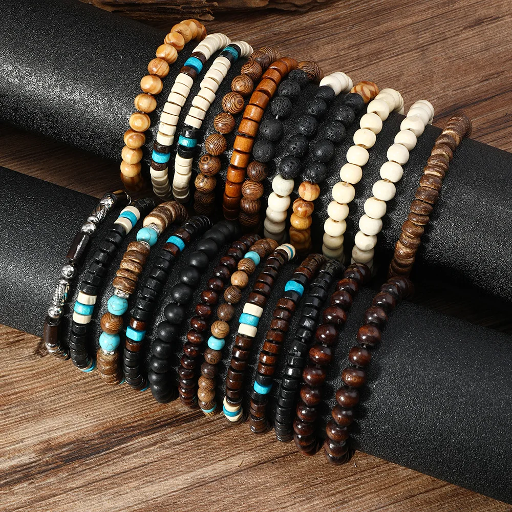 23pcs Set Vintage Style Bohemian Wooden Beaded Bracelets Synthetic Turquoise Volcanic Stone Beads Fashionable Stacking Bracelet