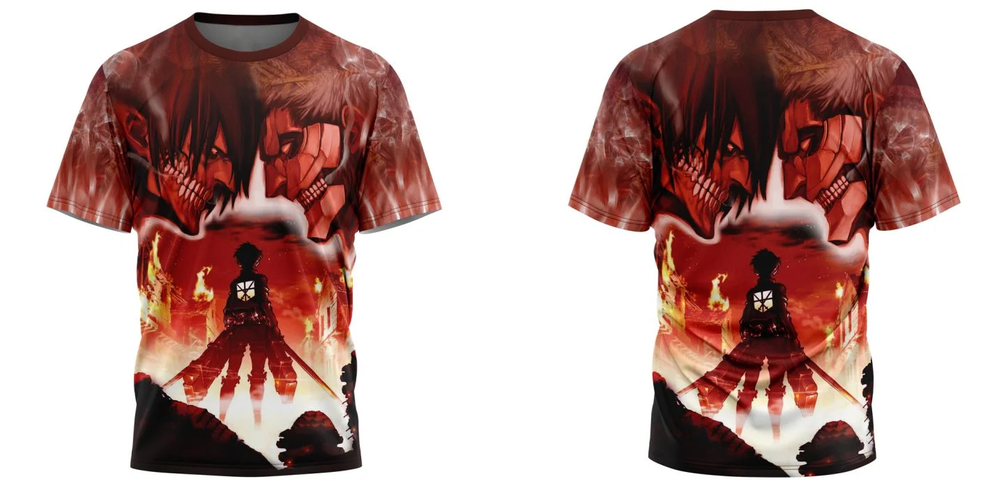 Full Print Double-Sided Anime T-shirt Unisex Giant Monster & Warrior Silhouette Fire Scene Graphic Casual Street Short Sleeve