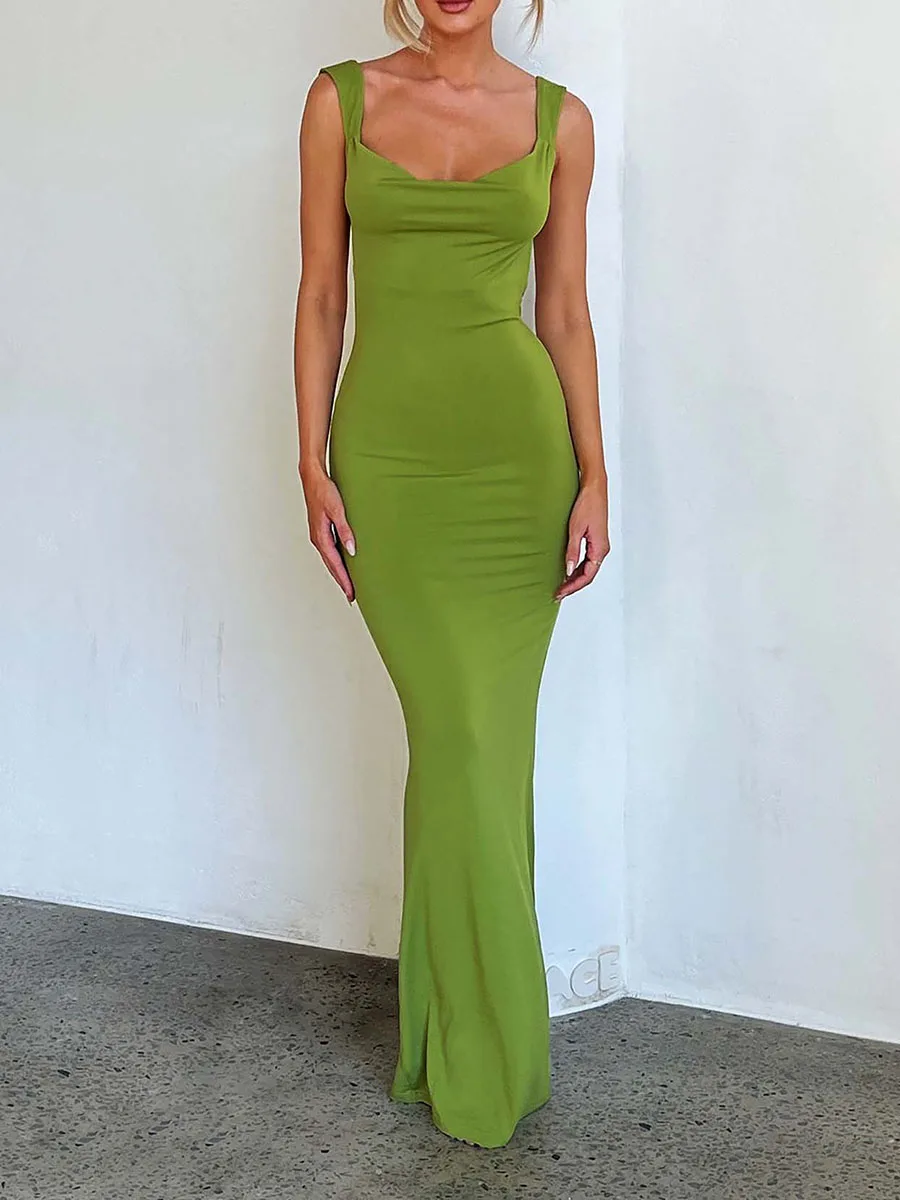 

Women Sling Long Bodycon Dress Solid Color Cowl Neck Sleeveless Backless Cocktail Dress Summer Party Club Dress Skin Friendly