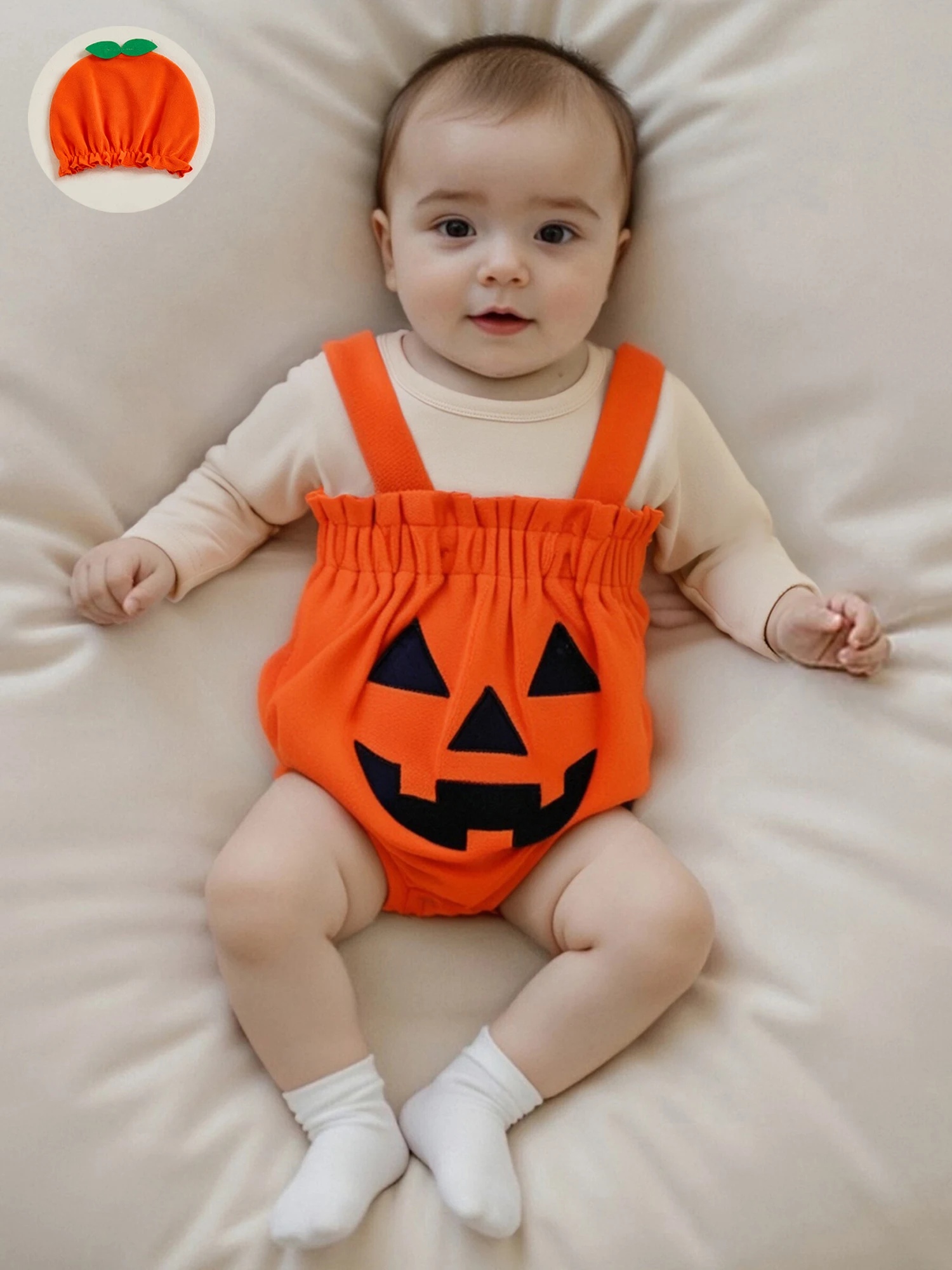 

Adorable Halloween Costume Set with Ghost Print Romper Striped Long Sleeve Top and Witch Hat for Baby Girls 3Pcs Outfit