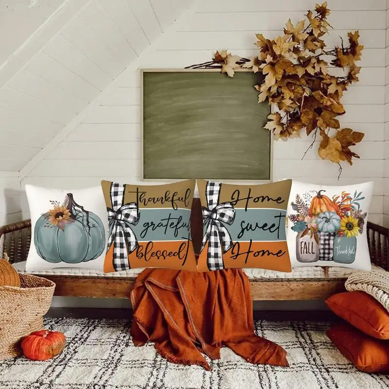 Fall Decor Couch Pillow Covers 4PICS Pillow Covers Set Of 4 Home Pumpkins Decor For Yard Garden Offices Home Cars Patio