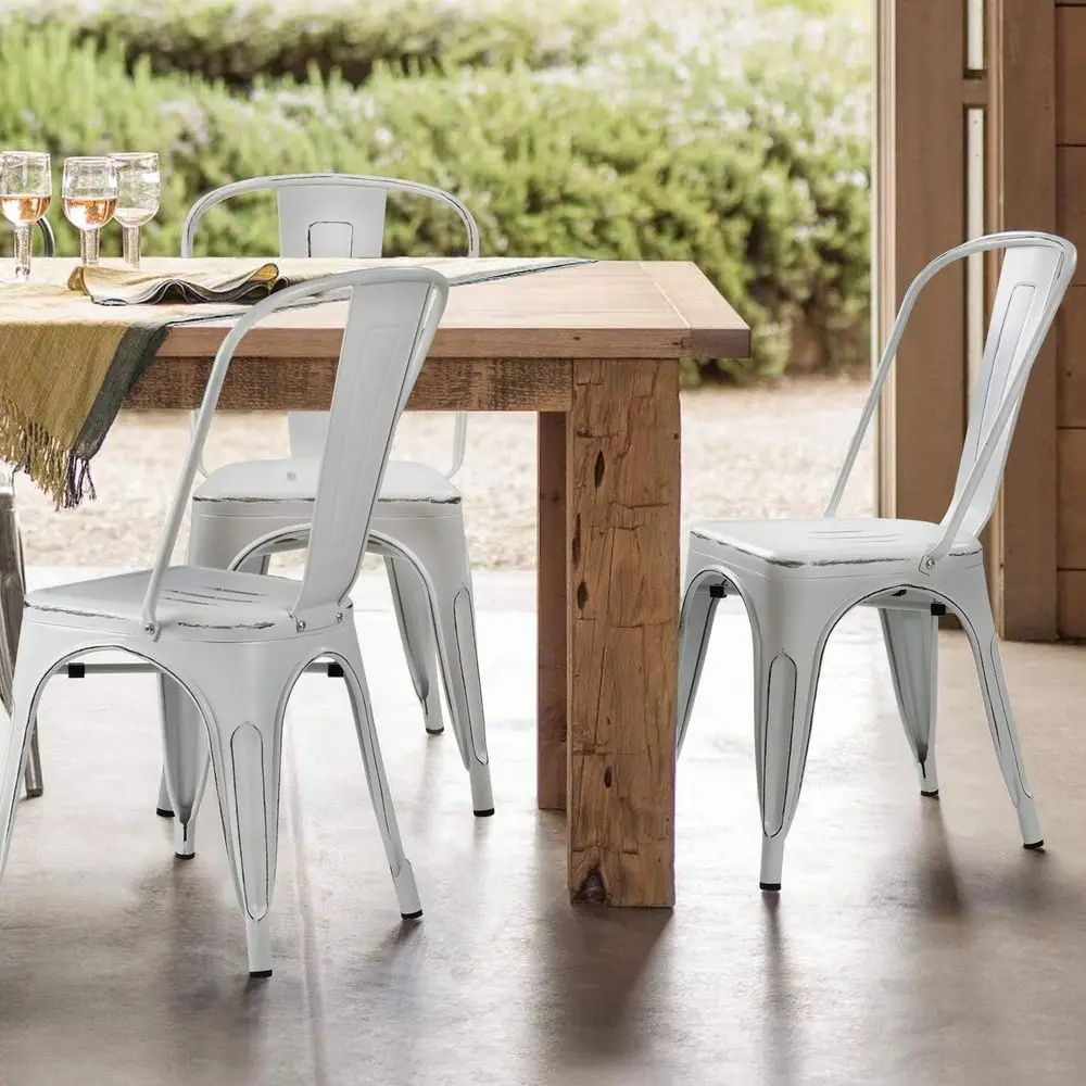 Metal Indoor-Outdoor Chairs Distred Style Kitchen Dining Chairs Stackable Side Chair with Back Set o 4 (White)