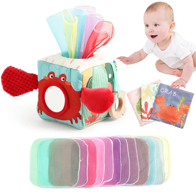 Baby Montessori Toy Cotton Magic Tissue Box Cartoon Crab Soft Rattle Game Finger Exercising Busy Board GameBaby Cloth Book Gift