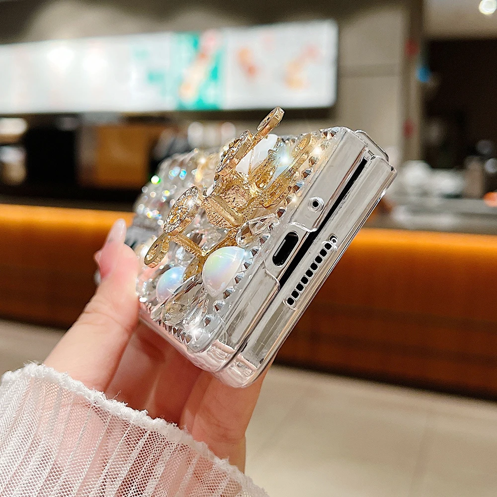 Luxury Bling Rhinestone Pumpkin Cart Crystal Clear PC Cover For Samsung Galaxy Z Fold 7 6 5 4 3 Laser Pearl Glitter Flowers Case