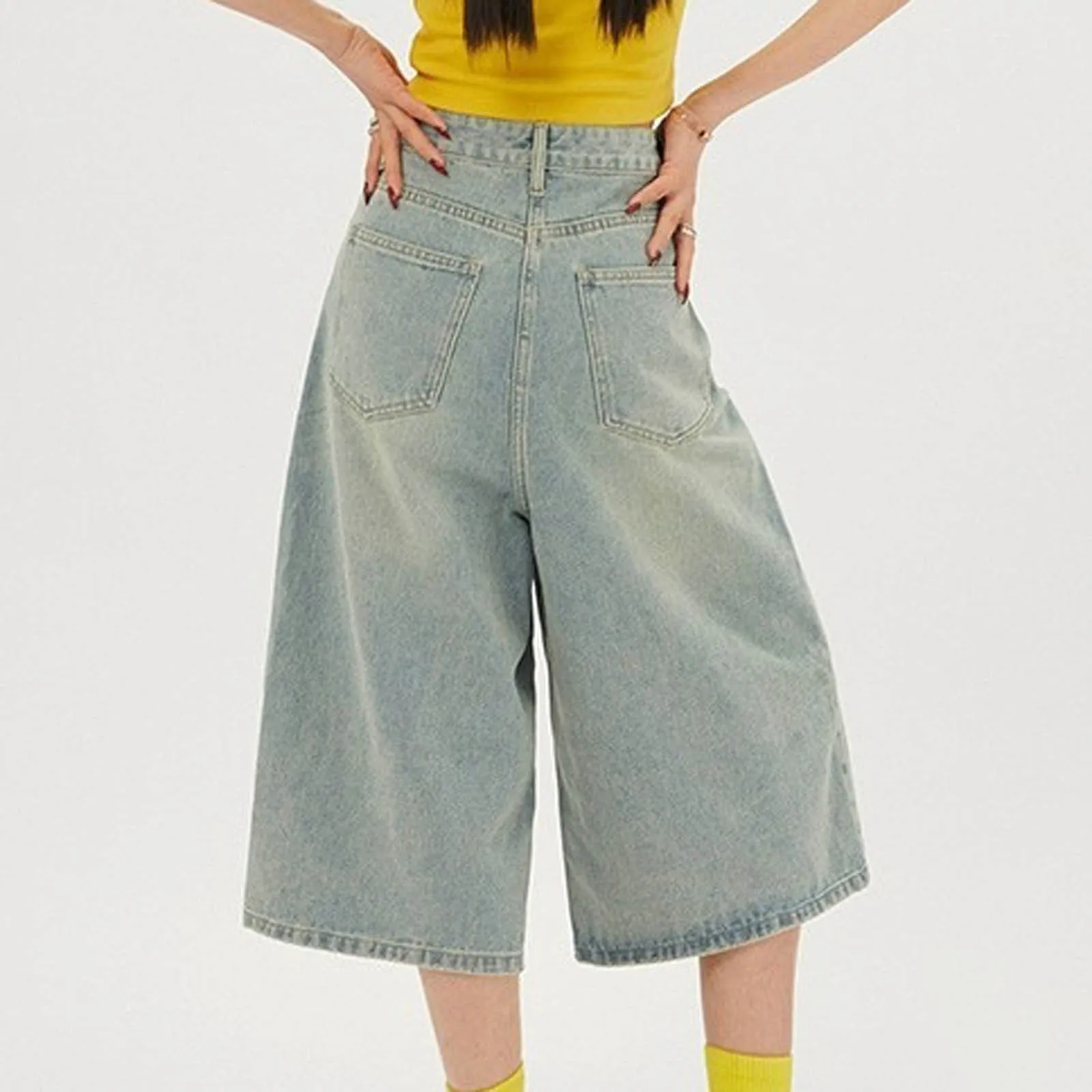 Casual Smooth Y2k Baggy Jeans Women'S 2000s Clothes Pants Street Low Rise Flared Jeans Korean Popular Seven-Point Denim Overalls