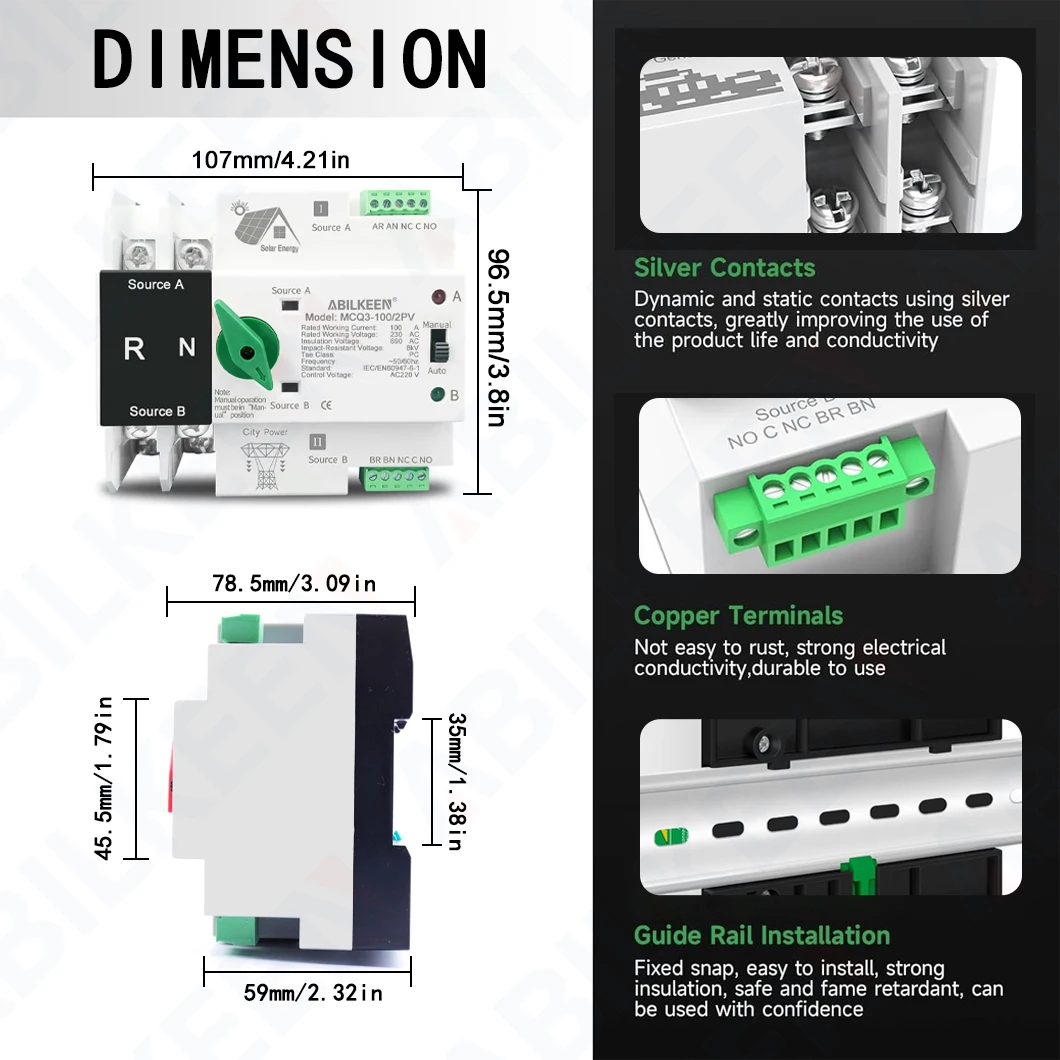 ABILKEEN 2Pin Solar Energy-City Power PV-Dual Power Transfer Switch AC110/220V ATS Automatic/Manual Power Changeover Switch