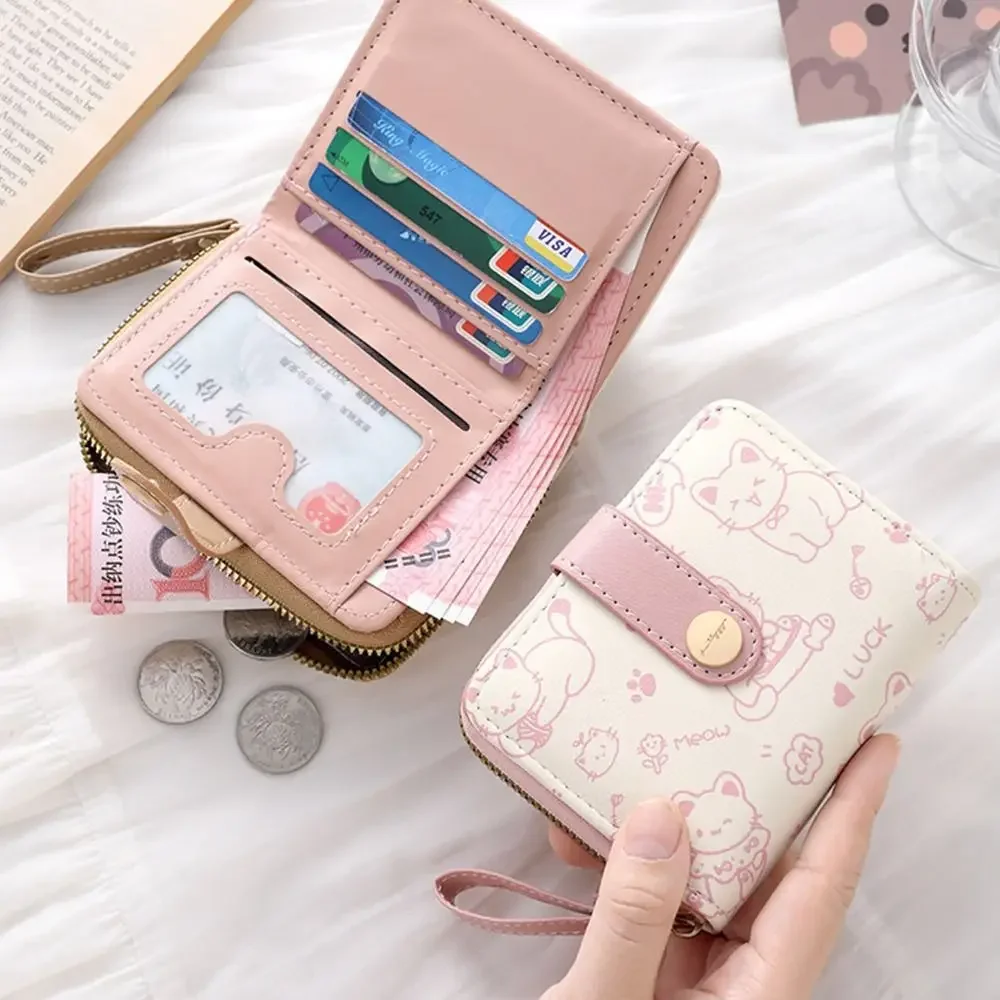 Dompet Koin Kucing Lucu Dompet Pendek Fashion Wanita Dompet Kapasitas Besar Kulit PU Tas Koin Uang Tunai Perjalanan Tempat Kartu ID Ringan