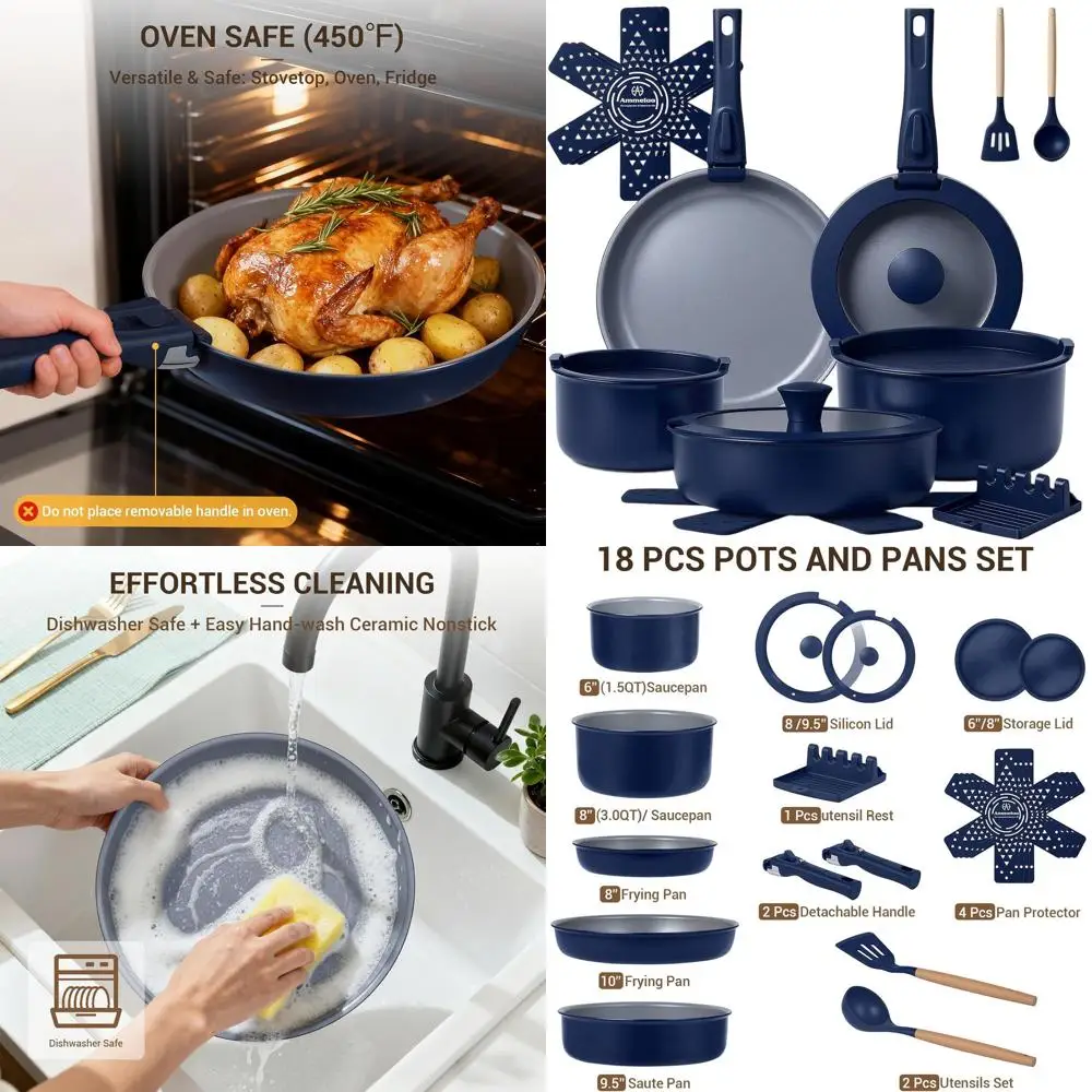

18-Piece Non-Stick, Non-Toxic Ceramic Cookware Set with Detachable Handles, Oven and Dishwasher Safe, Induction Compatible, Navy