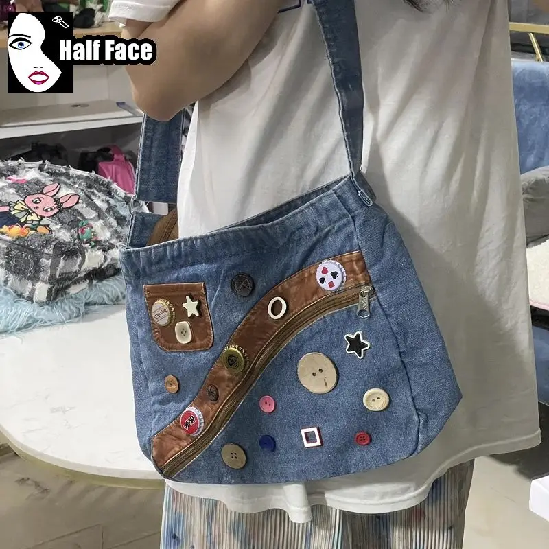 Pikantne dziewczęce Harajuku damskie gotyckie guziki gwiazda pięcioramienna dżinsowe Punk na jedno ramię Lolita designerska torba Crossbody